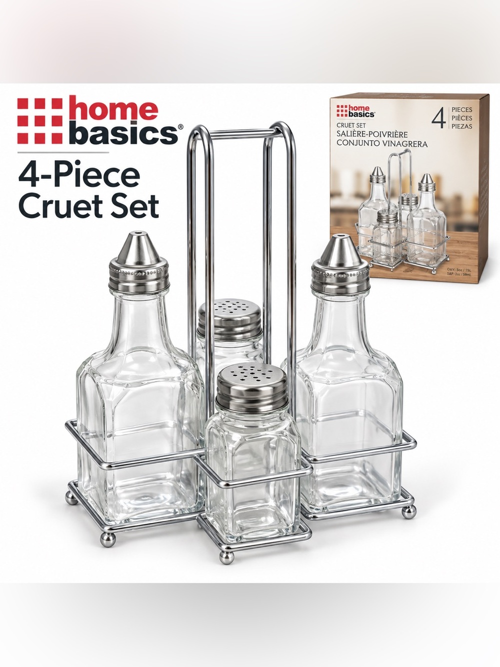 Home Basics 4 Piece Glass Cruet Set Oil Vinegar Salt Pepper Chrome Caddy